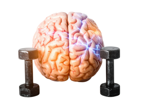 A stylized human brain sits between two dumbbells, symbolizing the connection between mental and physical strength.