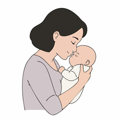 Minimalist Line Art Mother Holding a Newborn Baby Child Illustration