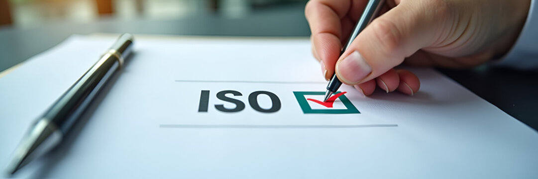 Hand places checkmark on ISO 14001 label representing quality control and certification for environmental management systems (EMS). concept as Hand places checkmark on ISO 14001 label representing qua