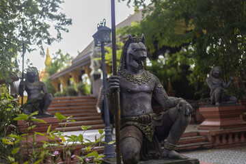 Ancient guardian statue, mythical creature sculpture, crafted for grand temple. Majestic...