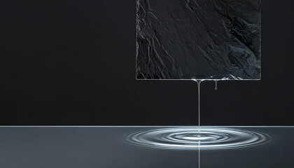 A conceptual image showing a viscous, clear liquid dripping from a black, rocky square, forming perfect circular waves on a still surface