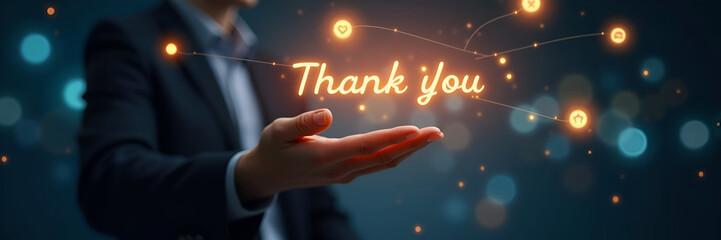 Hand interacting with holographic thank you message interface showing glowing Thank You symbols in empty space concept as Hand interacts with holographic thank you message interface displaying glowing