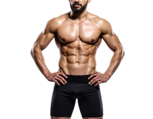 A muscular man stands confidently with hands on hips, showcasing a well-defined physique.
