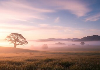 Obraz premium A vast meadow stretches to the horizon under a sky filled with pink and golden clouds at sunset. The image captures the serene beauty and tranquility of nature at dusk.