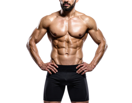 A muscular man stands confidently with hands on hips, showcasing a well-defined physique.