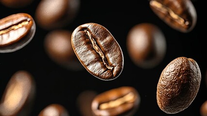 floating roasted coffee beans on black background video zoom in - Powered by Adobe