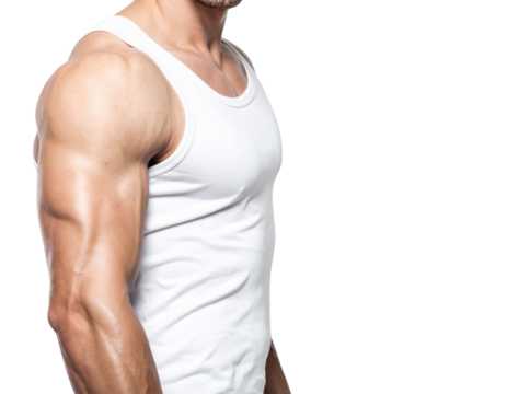 A muscular man in a fitted white tank top showcases his toned physique from a side view.