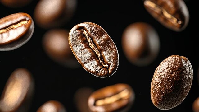 floating roasted coffee beans on black background video zoom in