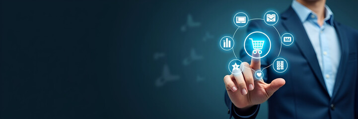 A businessman works on a digital interface representing pricing strategy, incorporating various icons that symbolize e-commerce and sales optimization, while maintaining a clean composition for copy s