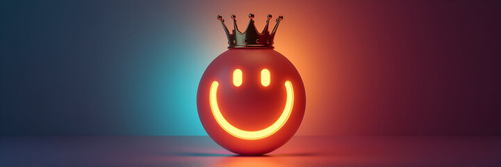 A glowing smiley face adorned with a crown, symbolizing exemplary customer experience, positioned against a vibrant background that emphasizes its significance.