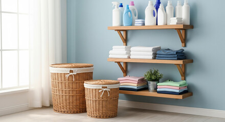 Organized Laundry Room Corner with Baskets, Shelves, and Products
A bright, clean, and well-organized laundry or utility room corner featuring natural wicker hampers