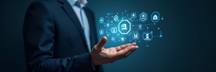 Naklejka premium Hand interacting with holographic AI laws interface displaying artificial intelligence legal standards ethics regulatory compliance icons symbolizing AI regulations and technology law in empty space c
