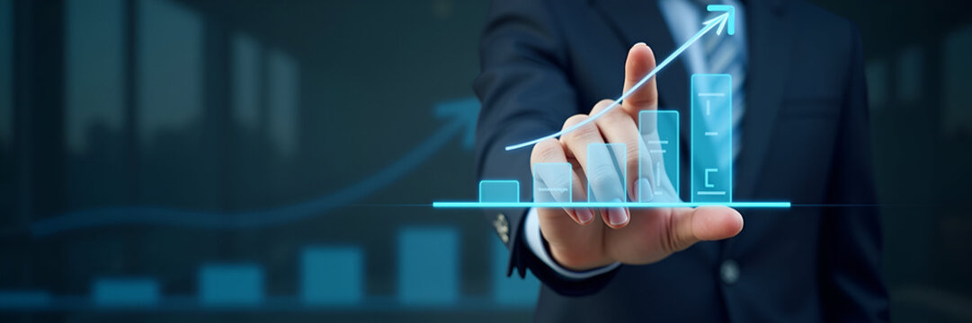 Hand touching holographic progress bar with value for business growth representing increased company value growth plans and sales enhancement in empty space concept as Hand interacts with holographic 