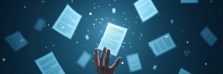 Floating digital documents are organized or updated in mid-air, seamlessly transitioning with a swipe gesture, surrounded by negative space to emphasize motion and clarity.