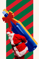 Exclusive image art pop trend collage of happy old man santa claus hold champagne bottle bow present new year celebration event