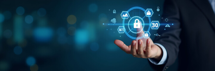 Hand interacting with holographic digital banking interface showing financial services data security currency exchange payment icons in empty space concept as Hand interacts with holographic digital b