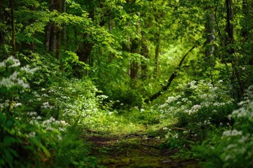 Lush forest path blanketed in wildflowers