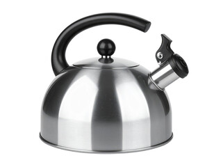 A stainless steel kettle with a black handle and spout, designed for boiling water.