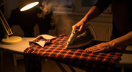 Steamy Ironing: Close-Up of Hands Smoothing a Plaid Shirt
A dramatic, low-light close-up shot captures the moment of ironing a red and black plaid shirt on an ironing board