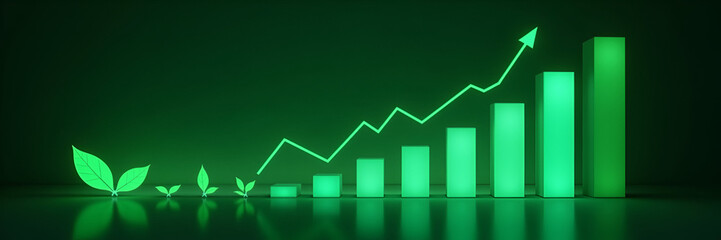 Fototapeta premium Glowing green metrics representing sustainability goals display environmental achievements with a backdrop that allows for sidelined copy space, emphasizing a commitment to ecological responsibility.