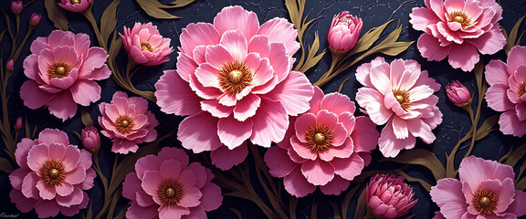 Luxury floral wallpaper featuring 3D embossed blossoms with gold, silver, and marble textures, elegant botanical mural in rich colors, abstract illustration for art prints, seamless 4K decorative back