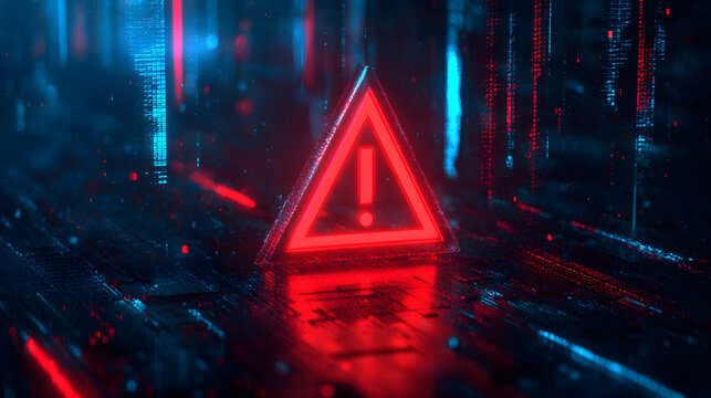 Warning symbol in a futuristic digital environment with glowing neon lights and reflections