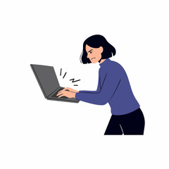 Flat Illustration Angry Woman Frustrated Working on Laptop Computer Character