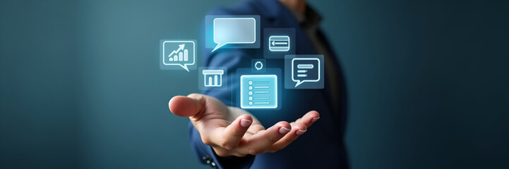 A hand elegantly holding floating speech bubbles and review metrics in a professional setting, framed with negative space for focus on user interaction.