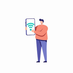 Flat Illustration Man Holding Smartphone with Wireless Connection Information Graphic