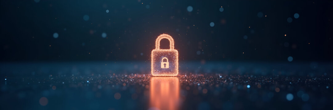 An imaginative scene depicting a glowing lock icon crafted from particles, symbolizing the essence of cybersecurity, privacy, and data protection, framed within a minimalistic composition allowing sig