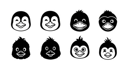 Cute penguin duck animal cartoon vector illustration graphic design face head icon set black and white