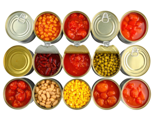 A collection of assorted canned foods, featuring various types of beans, peas, and tomatoes in open cans.