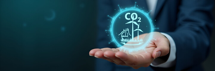 A hand elegantly presenting a holographic icon that showcases CO2 reduction and renewable energy metrics. This design has ample copy space to convey desirable messages.