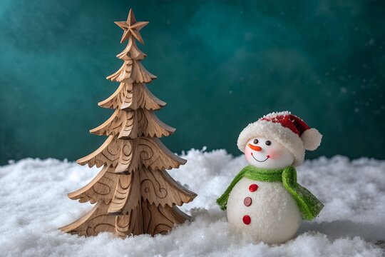 Whimsical snowman and wooden christmas tree in snow
