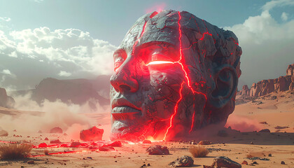 Giant cracked stone head ablaze with fiery red energy, mysteriously glowing in a barren desert, symbolizing an ancient power's dramatic and monumental awakening