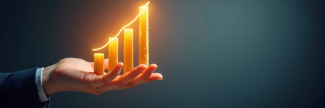 A glowing bar graph with an upward trajectory is held confidently by a hand, representing growth trends and leaving adequate space for promotional messages or branding.