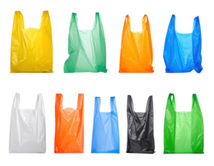 A collection of colorful plastic shopping bags arranged in two rows, showcasing various vibrant colors and distinct shapes.