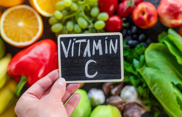 Products containing vitamin C. Selective focus.
