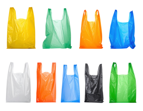 A collection of colorful plastic shopping bags arranged in two rows, showcasing various vibrant colors and distinct shapes.