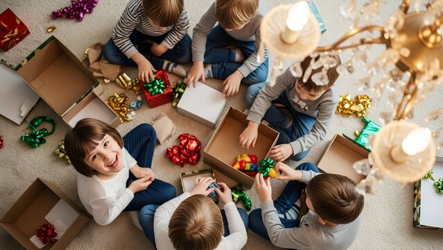 Overhead view of five young children sitting in a circle on a rug, surrounded by open gift boxes and colorful ribbons, seemingly playing or crafting together.