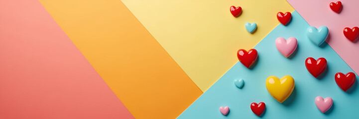 Heart icons interspersed with loyalty badges on a vibrant background, symbolizing customer loyalty. Copy space is strategically placed to enhance promotional matters.