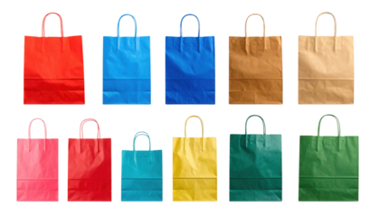 A vibrant collection of variously colored paper shopping bags arranged in two rows.