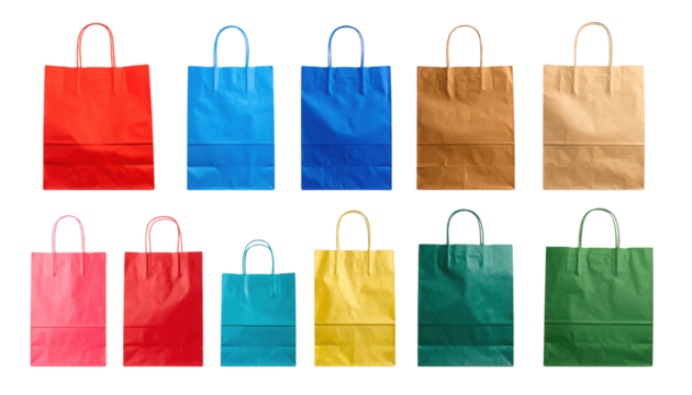 A vibrant collection of variously colored paper shopping bags arranged in two rows.