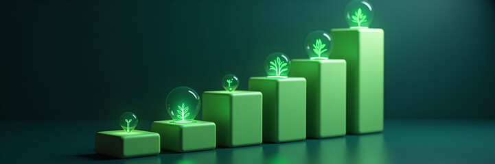 An artistic representation of floating bar graphs integrated with glowing green energy icons, skillfully illustrating energy efficiency while leaving adequate copy space for additional information.