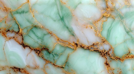 Textured surface of a light green and white marble with gold veins