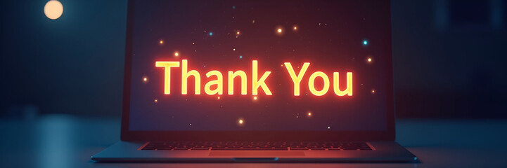 Present a glowing Thank You message hovering over a laptop screen, integrating inviting colors and ample copy space for further communication or branding elements.