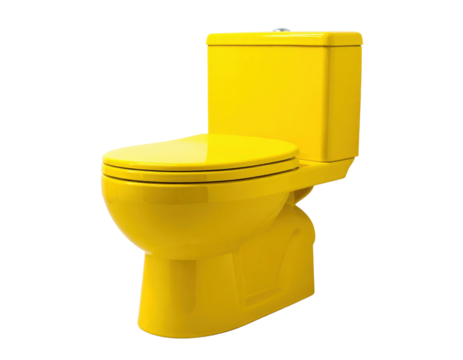 A bright yellow toilet with a sleek design, featuring a rounded bowl and a matching tank.