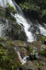 Magnificent waterfall descends through vibrant green jungle forest. Powerful water flows over rugged rock formations, creating refreshing landscape that inspires serene wonder