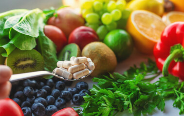 Products containing vitamin C. Selective focus.
