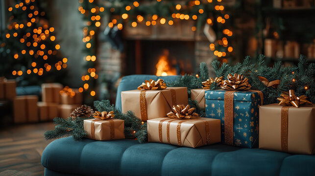 Christmas presents wrapped in gold and blue paper with bows on couch in warm living room with glowing tree, garland and bokeh lights